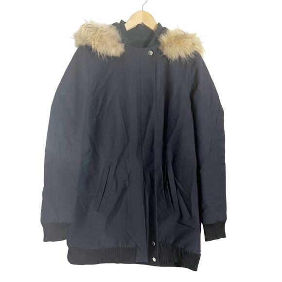 Maje Jackets & Blazers - Maje Dark Blue Raccoon Fur Trim Hooded Sherpa Parka Coat Size Large